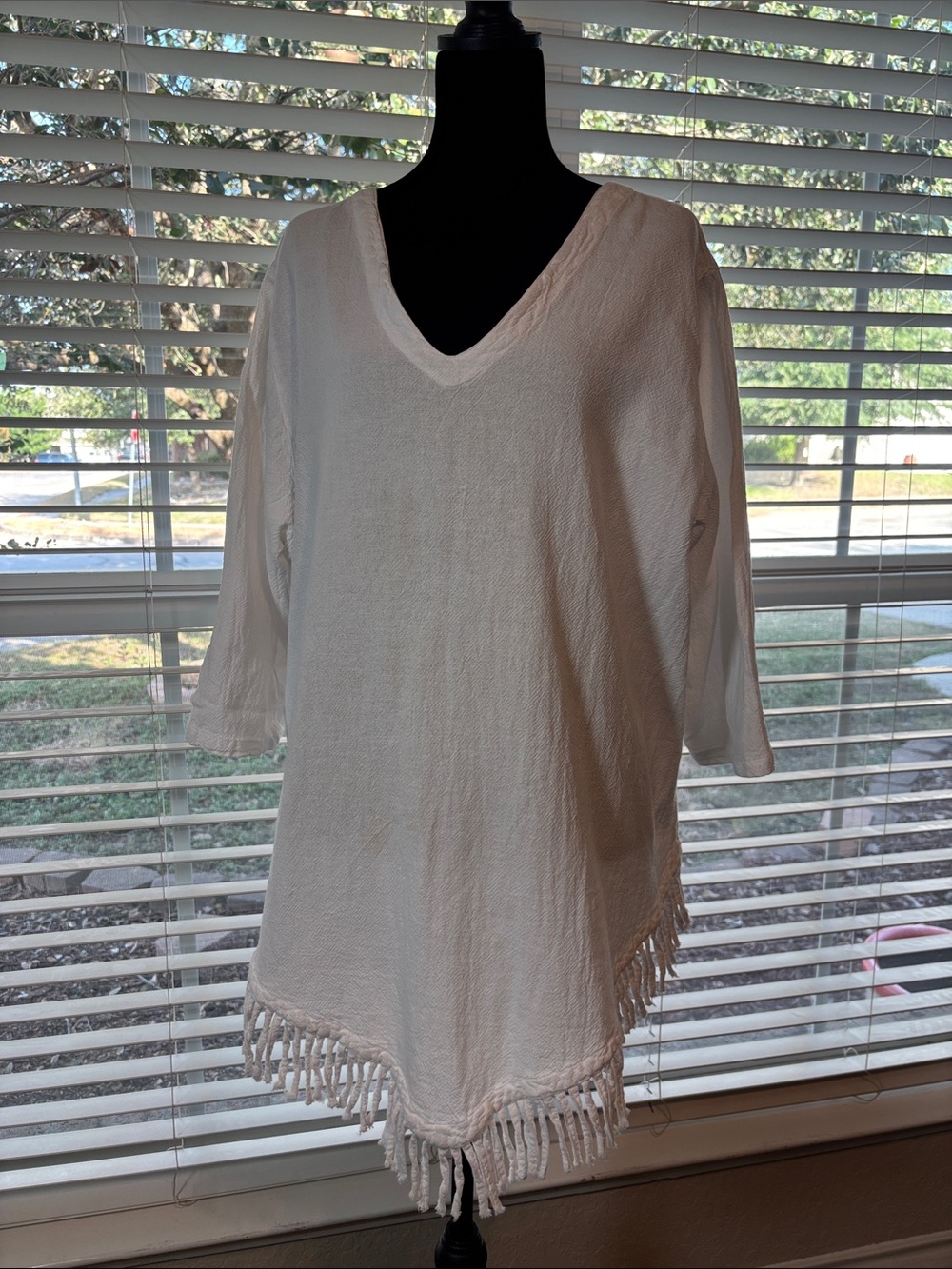 Sea Breeze White V-Neck Fringe Tunic Top Size-XL - Beachwear, Causual